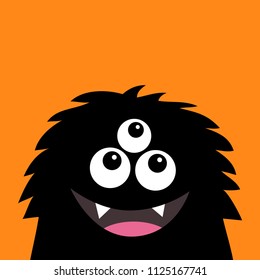 Smiling monster head silhouette. Thtee eyes, teeth, tongue, fluffy hair. Black Funny Cute cartoon character. Baby collection. Happy Halloween card. Flat design. Orange background. Vector illustration