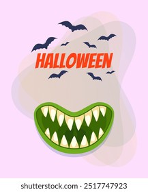 Smiling monster month with teeth for Halloween poster design. Flying bats on abstract background. Celebration, party, holiday concept. Vector illustration for invitation or banner