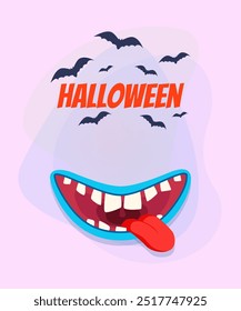 Mês monstro sorridente com língua para design de banner de Halloween. Morcegos voadores sobre fundo abstrato. Celebração, festa, conceito de feriado. Ilustração vetorial para convite ou cartaz