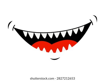Smiling monster mouth with sharp teeth and red tongue