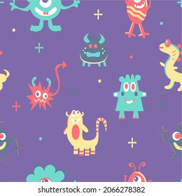 smiling monster in purple, a simple flat vector background, illustration for children