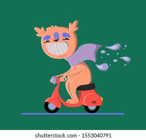 smiling monster in the scarf is riding a scooter on green background