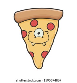 Smiling monster slice of pizza cartoon isolated on white