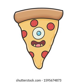 Smiling monster slice of pizza cartoon isolated on white