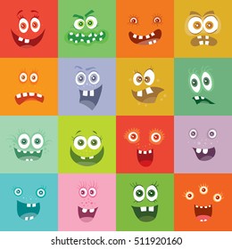 Smiling monsters set. Happy germ smile characters with tooth. Monsters with big eyes and mouths. Vector cartoon funny bacteria illustrations in flat style design. Friendly viruses. Microbe faces