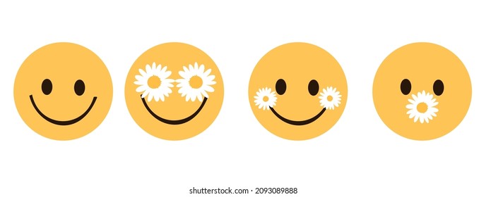 Smiling moon cartoons and daisy flower icons isolated on white background vector illustration.