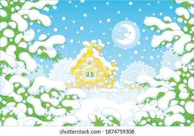 Smiling moon and a decorated small wooden house on a pretty snow-covered forest glade on a snowy and frosty winter night, vector cartoon illustration