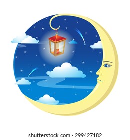  A smiling moon with a lantern in the starry night sky. Cartoon vector illustration. EPS 10