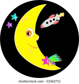 Smiling Moon with Rocket and Stars Vector