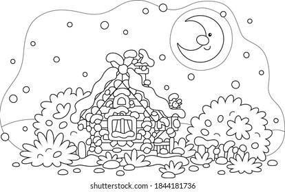 Smiling moon and a snow-covered small wooden house from a fairytale with rustic decorations, a porch and an old fence on a snowy and frosty winter night on Christmas Eve, vector cartoon illustration