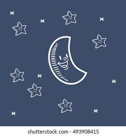 smiling moon with stars doodle drawing image 