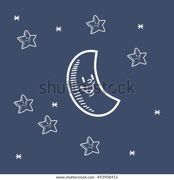 smiling moon with\
stars doodle drawing image\
