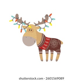 A smiling moose adorned with Christmas lights on its antlers wearing a holiday sweater. Great for seasonal artwork and holiday decor.
