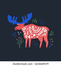 Smiling moose hand drawn flat vector illustration. Cartoon animal in scandinavian style. Herbs, branches, flowers and hearts design element. Wild multicolor mammal isolated on black backdrop