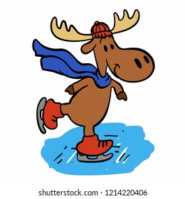 Smiling moose ice skating vector illustration 