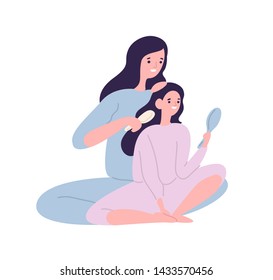 Smiling mother brushing hair of daughter with hairbrush. Cute funny mom and child in pyjamas spending time at home. Parent and kid having fun together. Flat cartoon colorful vector illustration.