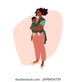 Smiling mother carrying baby in a green wrap. Vector illustration of parenthood, bonding, and care. Mom in casual clothes holding her child