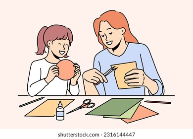 Smiling mother and daughter enjoy arts and crafts doing at home. Happy mom and child busy with paperwork and collages. Motherhood. Vector illustration. 