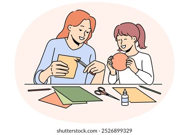 Smiling mother and daughter enjoy arts and crafts doing at home. Happy mom and child busy with paperwork and collages. Motherhood. Vector illustration.