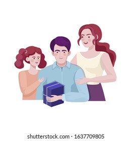 Smiling mother and daughter giving a gift to happy father vector illustration. Happy birthday, fathers day, anniversary celebration. Family time together, family congratulates dad flat concept.