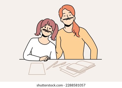 Smiling mother and daughter have fun doing homework together at home. Happy mom and girl child feel playful studying for school. Vector illustration. 