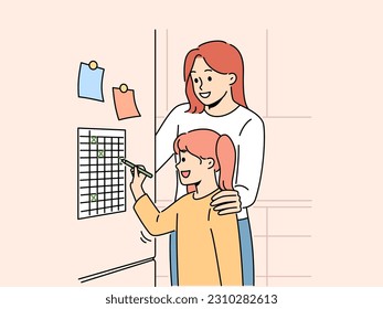 Madre e hija sonrientes pusieron marcas en la lista de refrigeradores. El chequeo feliz de madre e hijo terminó las tareas diarias. Planificación y gestión del tiempo. Ilustración vectorial. 