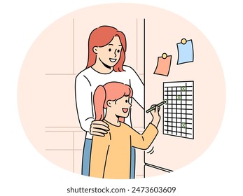 Smiling mother and daughter put marks on to do list on fridge. Happy mom and child check finished daily tasks. Planning and time management. Vector illustration.