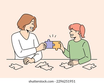 Smiling mother and daughter solve puzzles together. Happy mom and girl child connect jigsaw pieces engaged in funny game sitting at table. Vector illustration. 