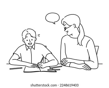 Smiling mother doing homework with happy child at desk at home. Babysitter or teacher study together with teen boy kid. Education and learning. Vector illustration. 