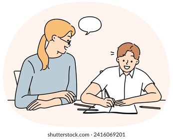 Smiling mother doing homework with happy child at desk at home. Babysitter or teacher study together with teen boy kid. Education and learning. Vector illustration.