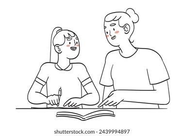 Smiling mother doing homework with happy child at desk at home. Babysitter or teacher study together with teen boy kid. Education and learning. Vector illustration.