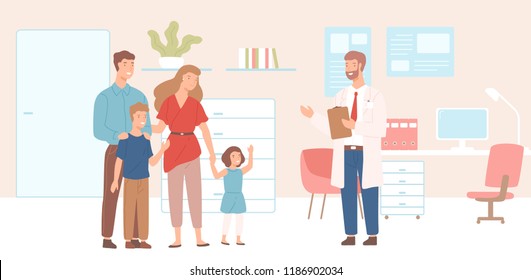 Smiling mother, father and children came to physician's office, clinic or hospital. Visit to family doctor or meeting with medical adviser. Colorful vector illustration in flat cartoon style.