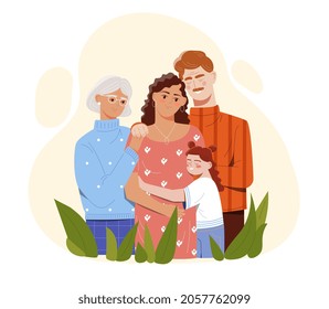 Smiling mother, father, daughter and grandmother are hugging together. Concept of family support and care. Love and trust between woman and her parents. Flat cartoon vector illustration