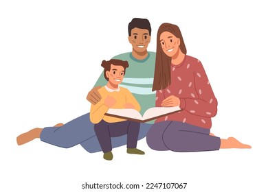 Madre, padre e hija sonrientes pasan tiempo juntos leyendo libros. Ilustración vectorial colorida de dibujos animados planos. Feliz familia sentada en el piso y leí cola de hadas. Padres e hijos en el hogar