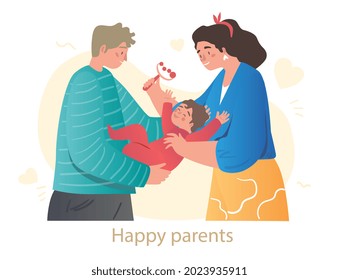 Smiling mother and father are playing with newborn baby on white background. Young family taking care and giving love to baby. Parents and with little cute baby. Flat cartoon vector illustration