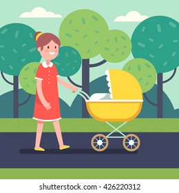 Smiling mother with her baby child in stroller walking in a public park. Modern flat style vector illustration cartoon clipart.