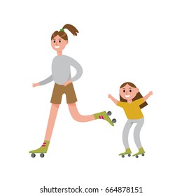 Smiling mother with her daughter roller skating cartoon characters, happy family playing sports together vector Illustration