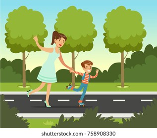 Smiling mother with her son roller skating in summer park outside, family leisure vector illustration