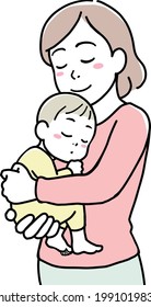A smiling mother holding her sleeping baby in her arms