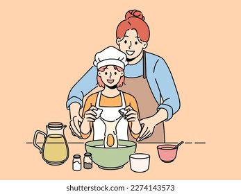 Smiling mother and little daughter cooking together at home. Happy mom learn baking with small girl child in kitchen. Family hobby. Vector illustration. 