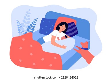 Smiling mother lying in bed while hugging little baby. Cute dog looking at woman with child flat vector illustration. Family, motherhood, care, pets concept for banner, website design or landing page