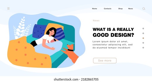 Smiling mother lying in bed while hugging little baby. Cute dog looking at woman with child flat vector illustration. Family, motherhood, care, pets concept for banner, website design or landing page