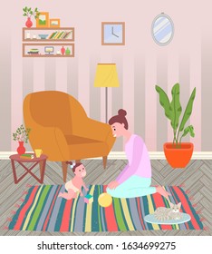 Smiling mother playing with daughter, parent and newborn sitting on carpet, sweet home. Domestic cat near mom and baby, happy family, love vector