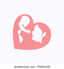 Smiling mother playing with a little baby by raising him up in the air, in heart shaped silhouette, logo, icon design for happy mother's day celebration