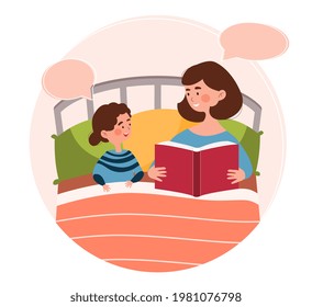 Smiling mother is reading a bedtime fairytale to her young daughter in bed. Concept of mom spending time with children in bedrom. Blank speech bubbles. Flat cartoon vector illustration