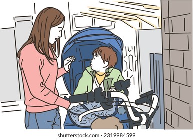 Smiling mother riding a small child on a bicycle
