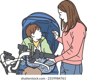 Smiling mother riding a small child on a bicycle