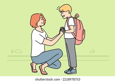 Smiling mother seeing small teen son with backpack to school. Happy caring mom get off excited boy child to kindergarten. Vector illustration. 