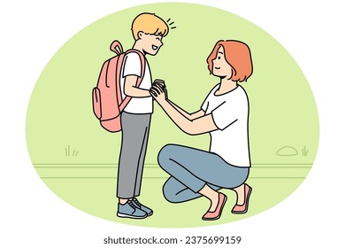 Smiling mother seeing small teen son with backpack to school. Happy caring mom get off excited boy child to kindergarten. Vector illustration.