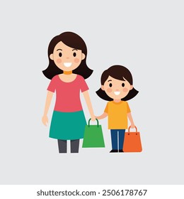 A smiling mother shopping with her child at Black Friday vector artwork